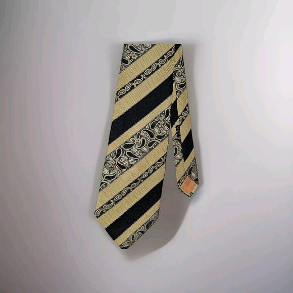 Colosseo Di Roma Mens Neck Tie Polyester Yellow Black Texture Diagonal Vintage - Picture 2 of 10